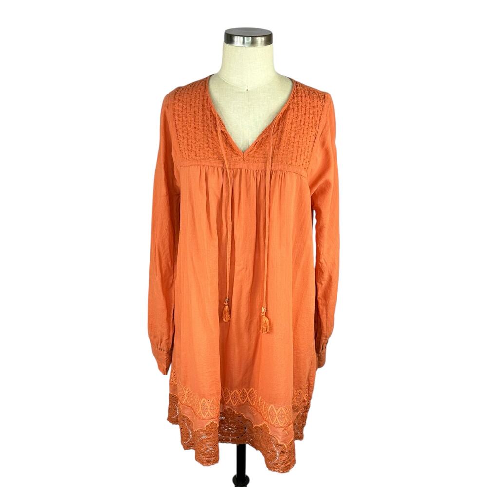 JOHNNY WAS 4LoveandLiberty Orange Beaded Lace Tunic Dress Top Women's Size Small